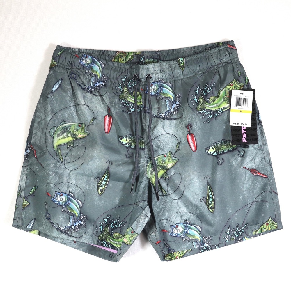 Psycho Tuna Swim Trunks Mens M Charcoal Reel Em‎ In Bass Fishing Shorts Beach